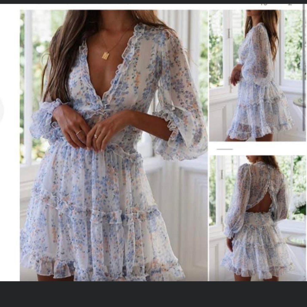 V Neck Long Sleeves Printed Flowy Mini Swing Dress open back NWOT